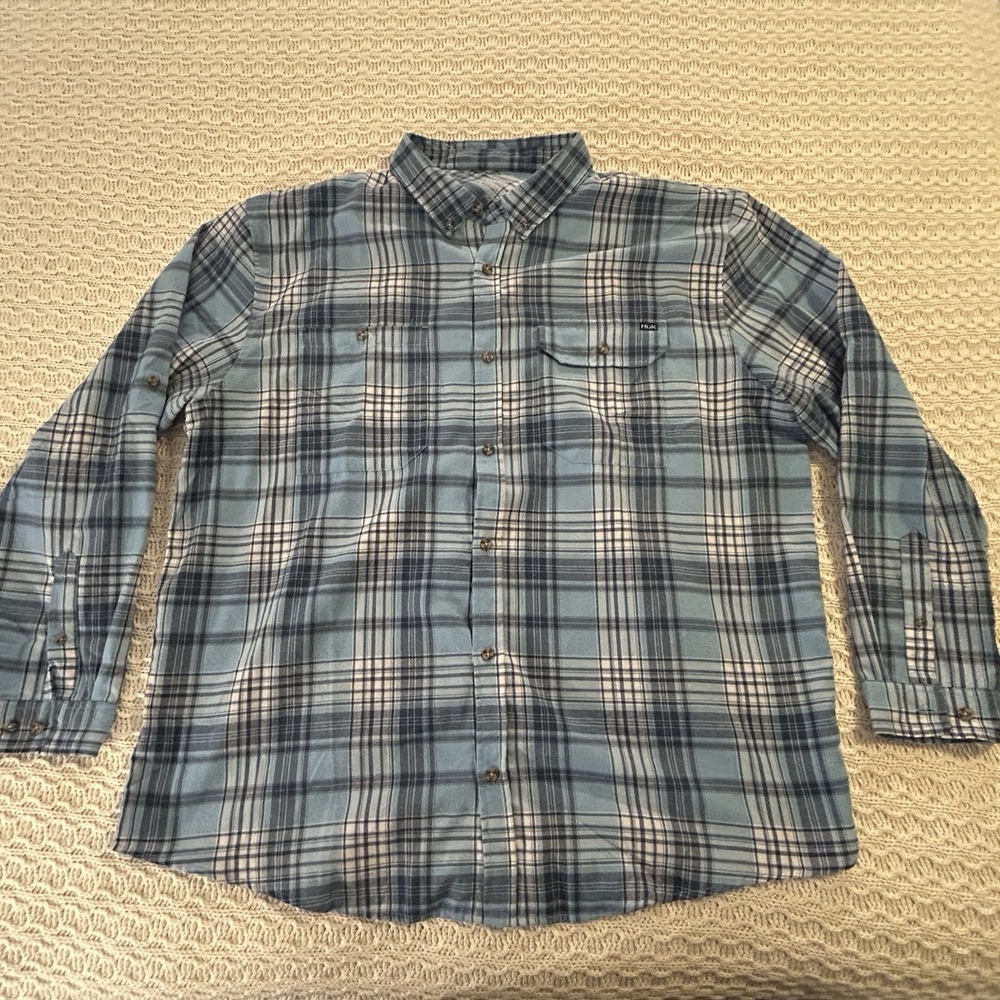 Huk Performance Men's 2XL Light Weight Long Sleeve‎ Poly Button Down Plaid
